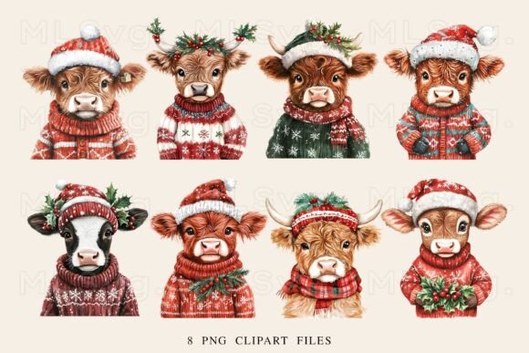 Cute Christmas Highland Cow PNG Bundle: Illustrations