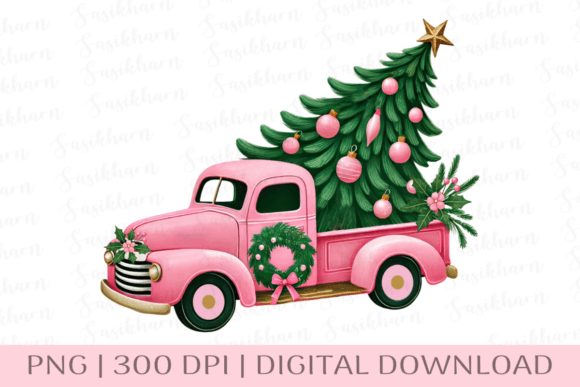 Pink Vintage Christmas Truck Illustrations Review