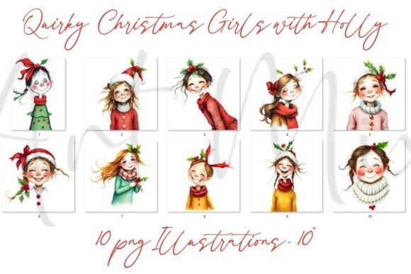 Quirky Christmas Girls with Holly Illustrations