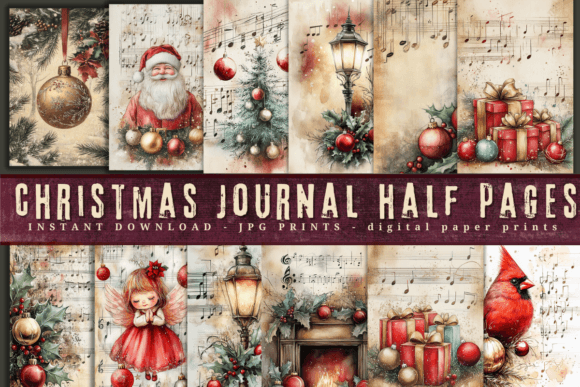 Vintage Christmas Junk Journal Half Page Illustrations