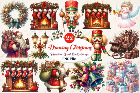 Watercolor Vintage Christmas PNG for Illustrations