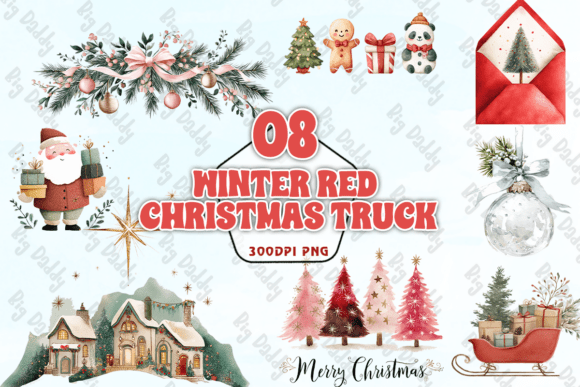 Winter Red Christmas Truck Clipart PNG: Illustrations